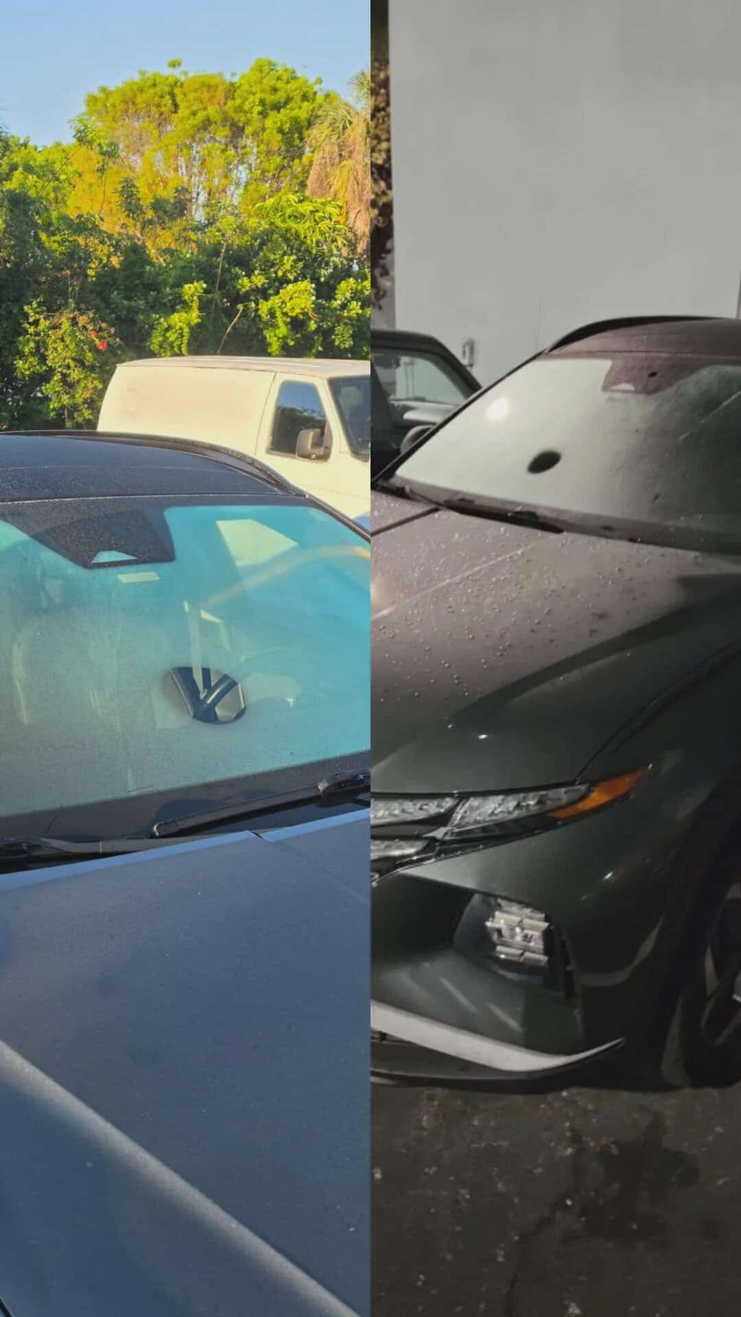 Side-by-side view of two different cars parked outdoors, showcasing contrasting styles and colors.