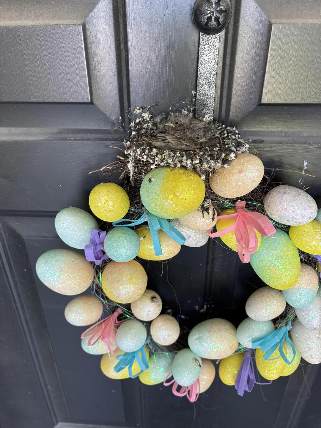 Easter wreath featuring pastel-colored eggs, ribbons, and a bird's nest on a gray door.
