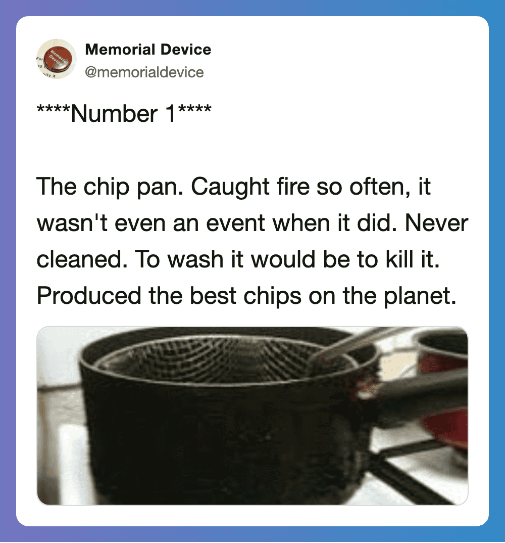 Chip pan catching fire, a common household hazard from the 1970s.