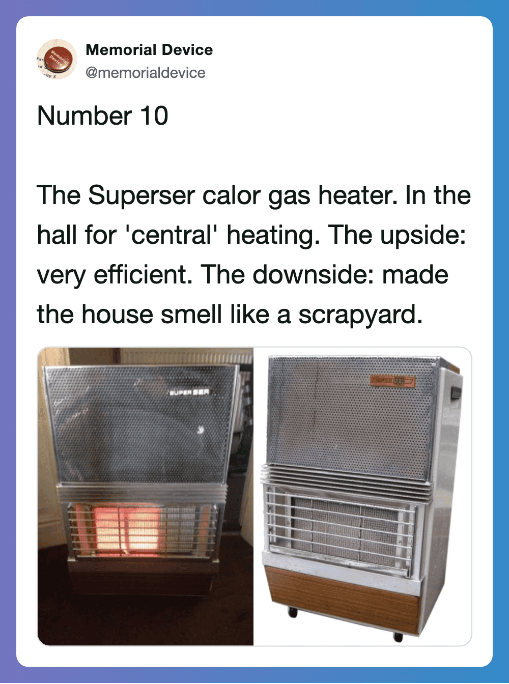Vintage 70s household heater with metal grill and wooden base.