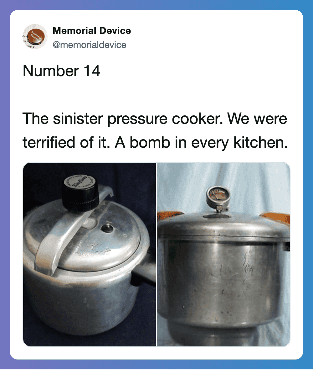 Vintage pressure cookers from the 1970s, known for being potentially dangerous.