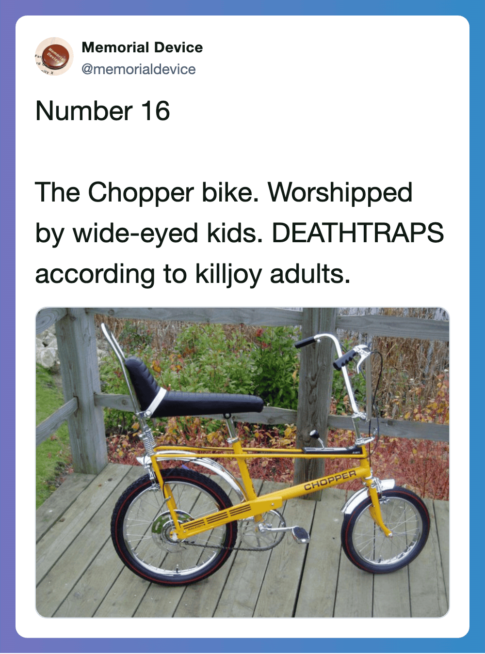Vintage yellow chopper bike with wide-eyed kids in the background, nostalgic 70s household danger sc.