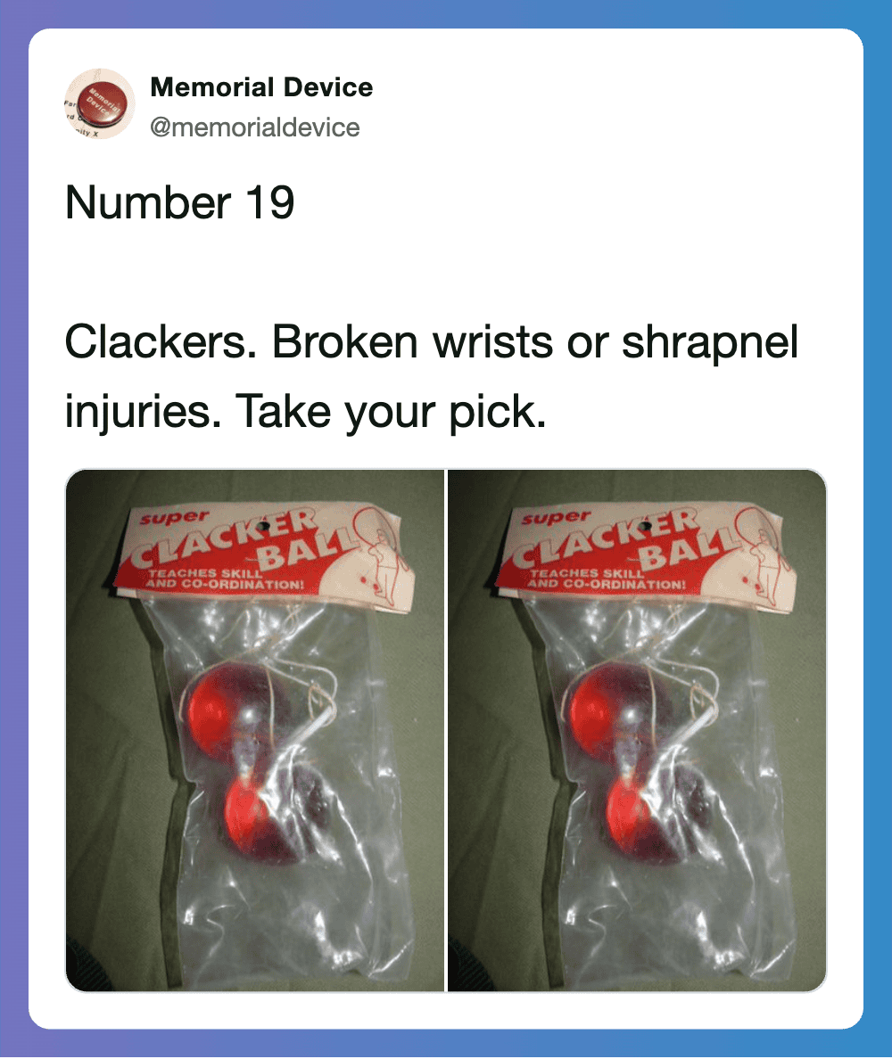 Vintage 70s household toy with broken shrapnel injuries.