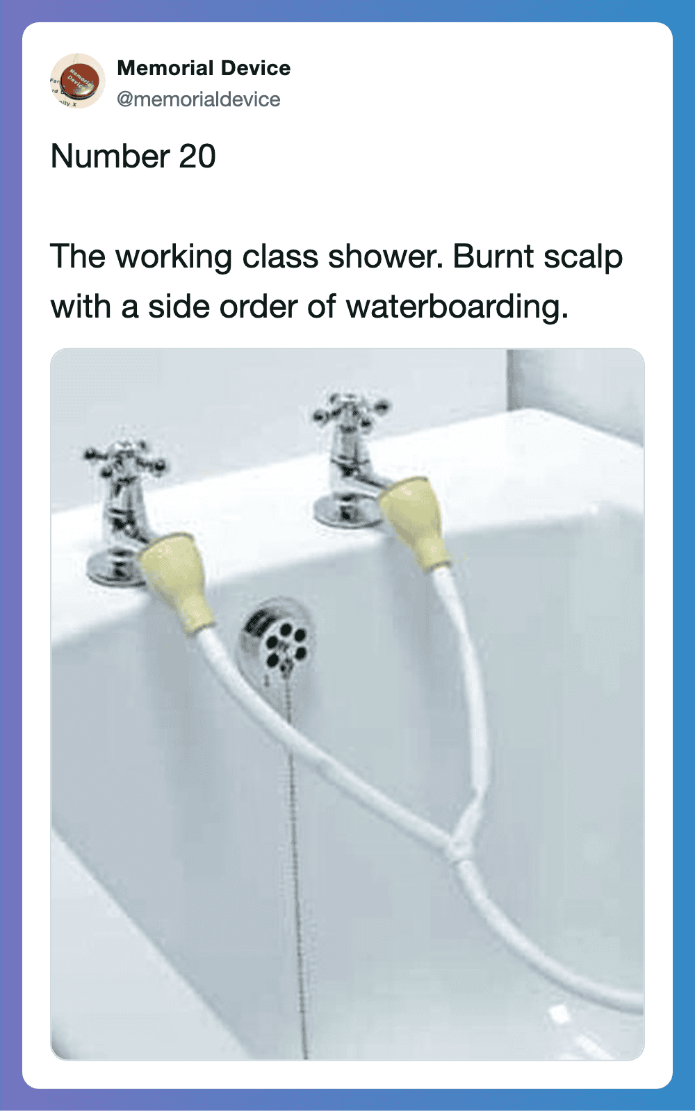Vintage waterboarding shower with scalp and side water flow, 70s household danger.