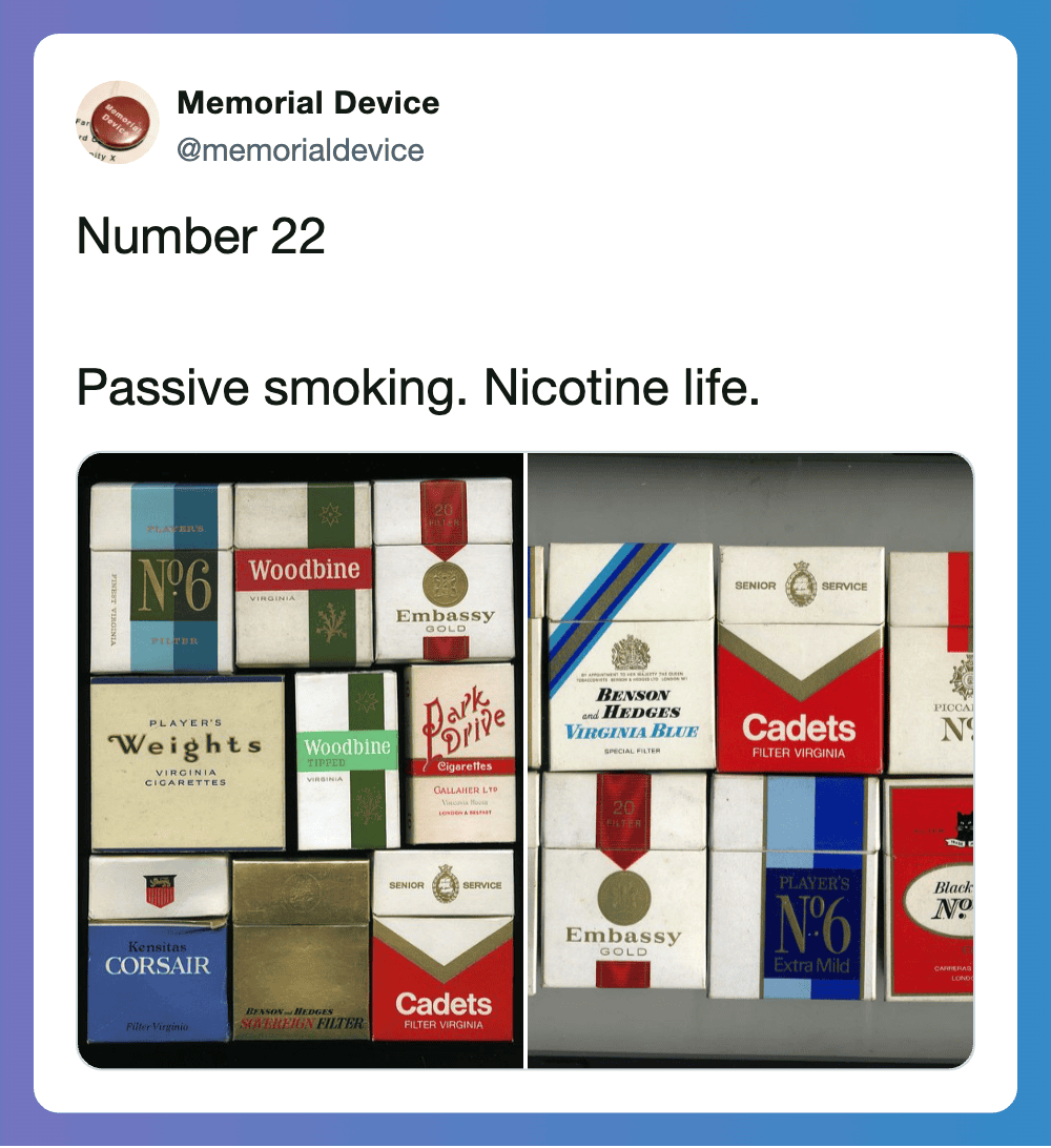 Mildly terrifying 70s household dangers featuring vintage cigarette packs and smoking paraphernalia.