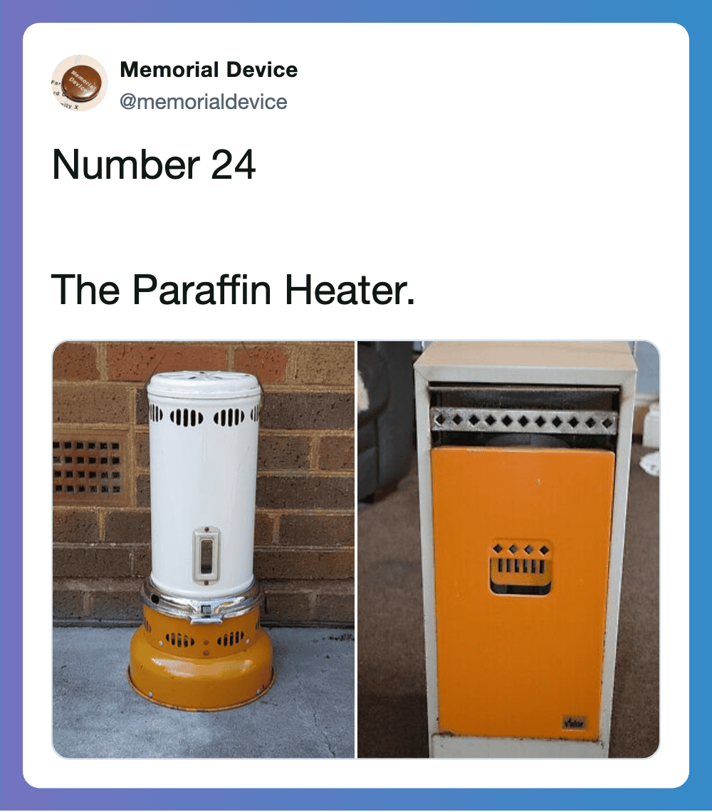Vintage 1970s household heater with orange and white color, nostalgic home appliance.
