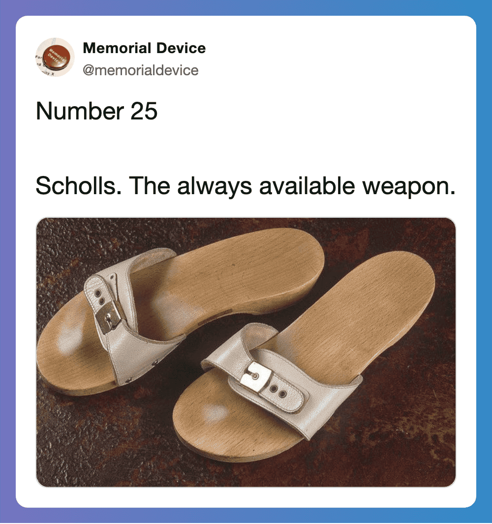 Vintage wooden slippers with straps, reminiscent of 1970s household hazards.