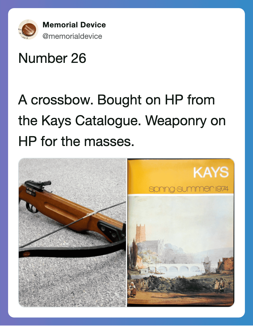 Vintage crossbow and 70s household catalog image.