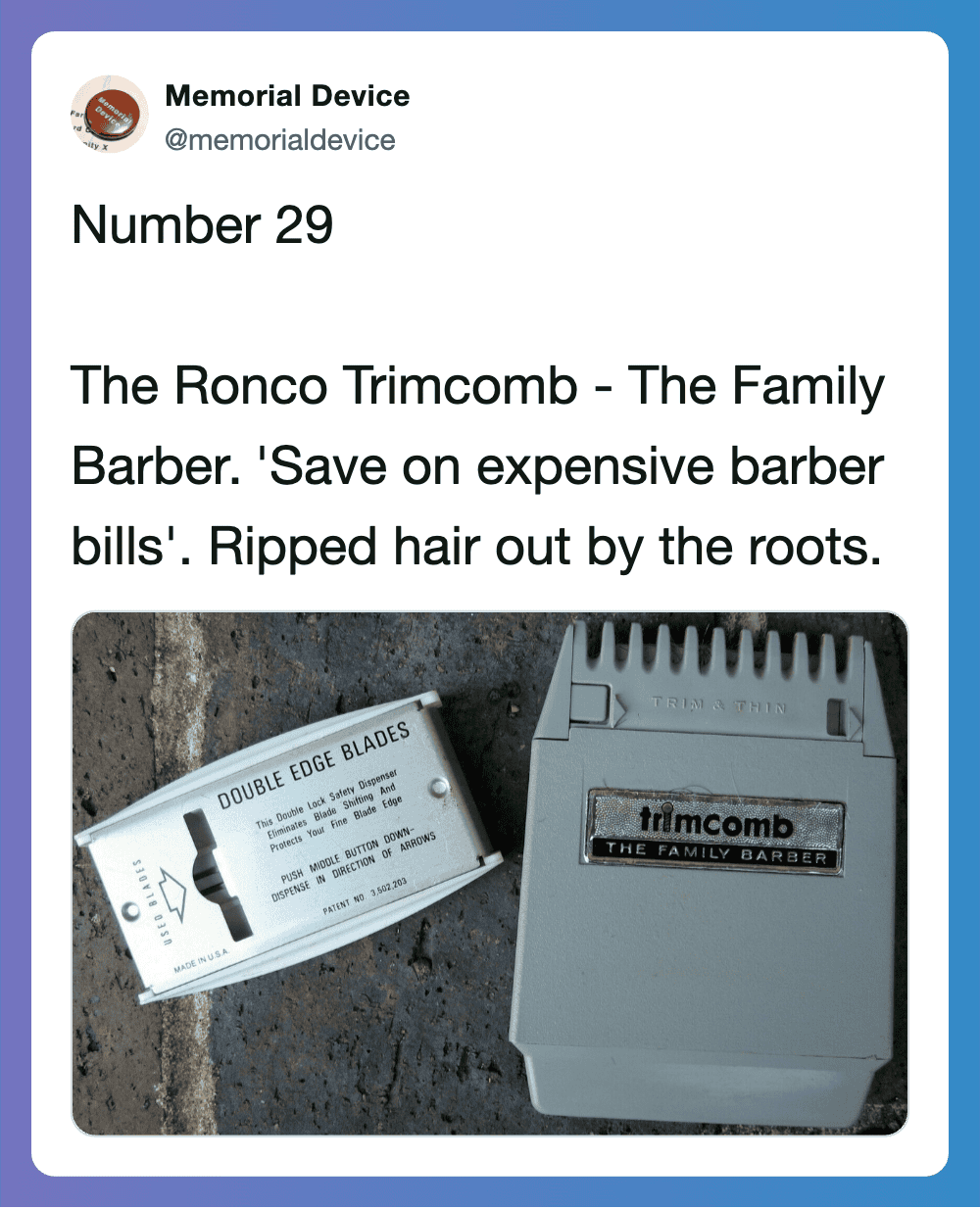 Vintage Ronco Trimcomb hair clipper for home grooming. Ripped hair out by the roots, nostalgic safet.