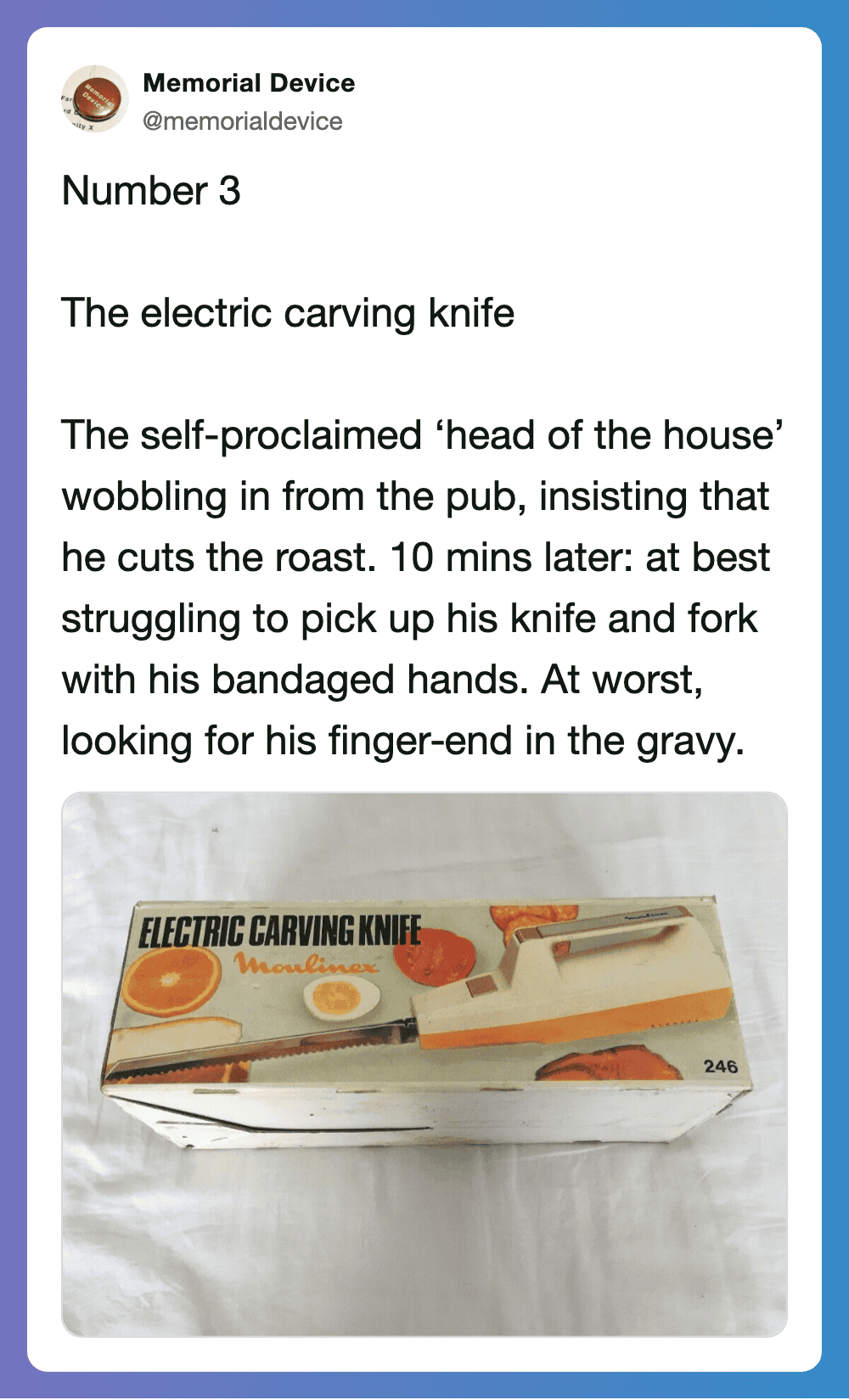 Vintage electric carving knife from the 70s with a humorous household danger theme.