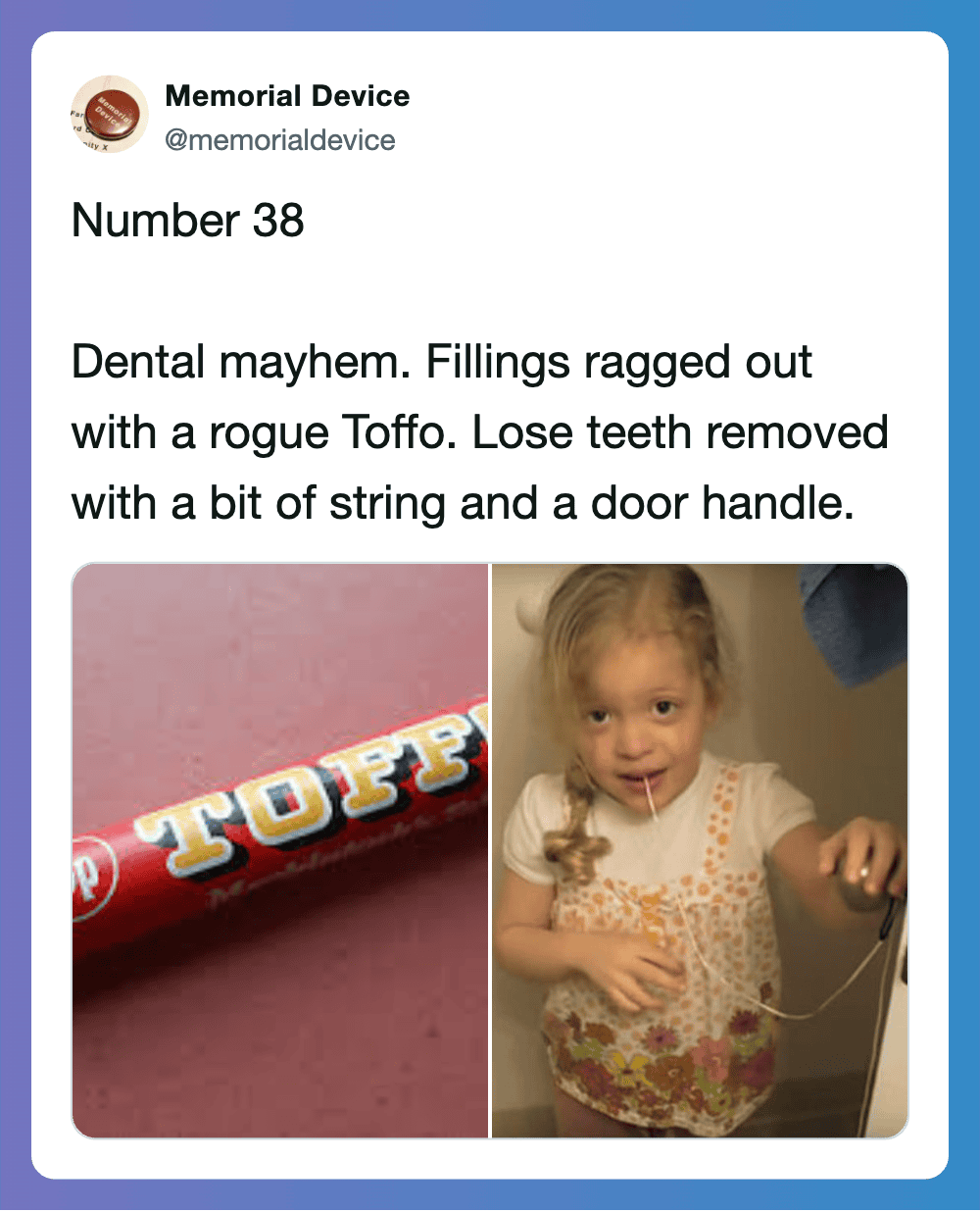 Vintage 70s household danger with rogue Toffo candy and a child with dental issues.