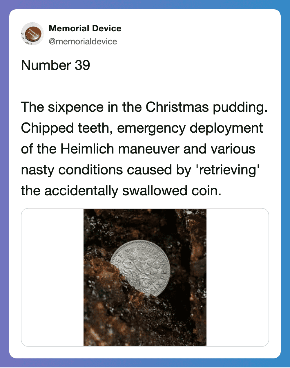 Nostalgic 70s household danger with a sixpence coin amid Christmas pudding debris, highlighting retr.
