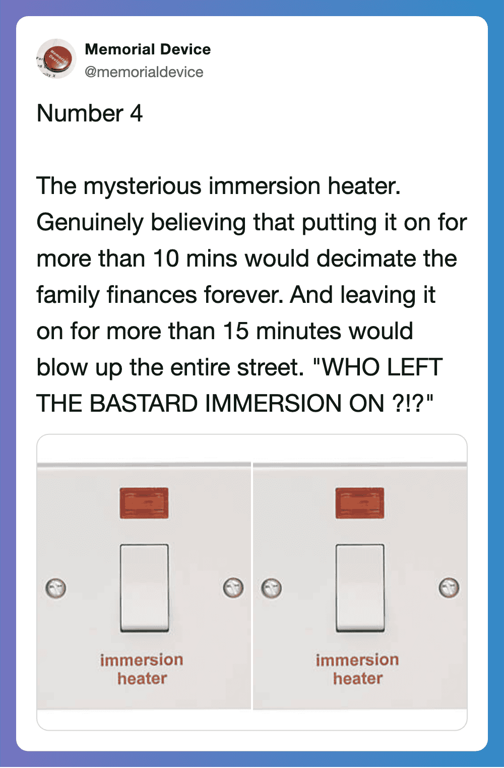 Vintage immersion heater switch from 1970s household, illustrating outdated safety hazards.
