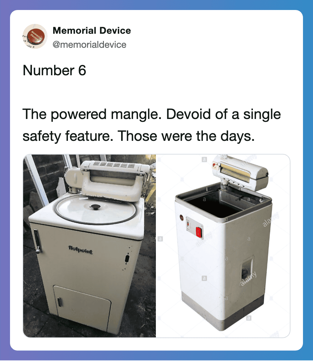 Vintage 70s washing machines with safety concerns, nostalgic household appliances.