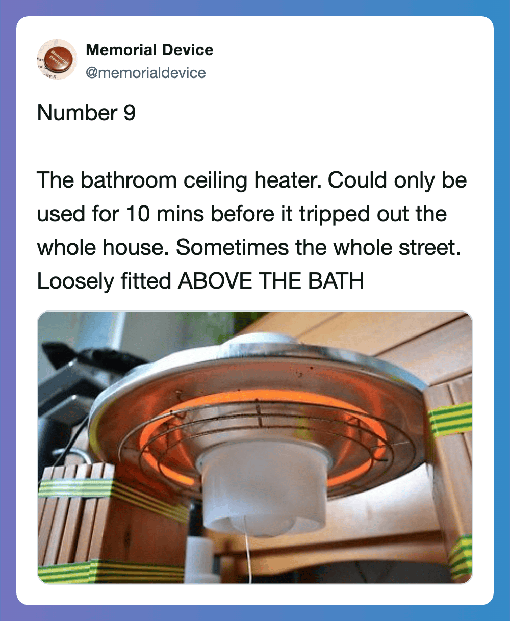 Vintage bathroom ceiling heater from the 1970s with exposed wiring and metal components.