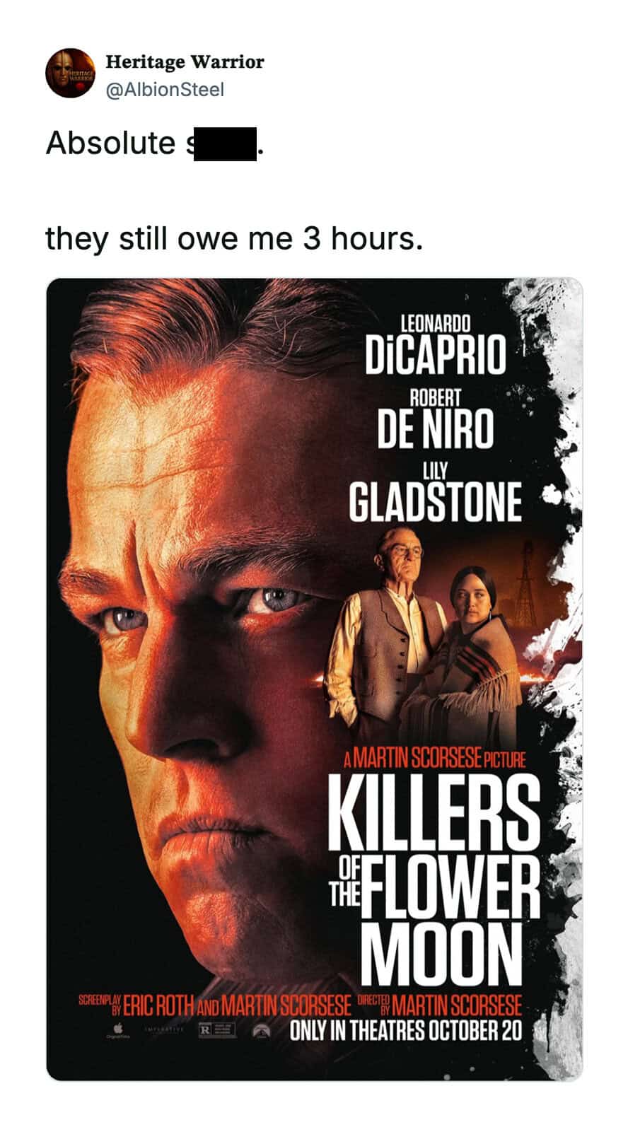 A woman with a serious expression, movie poster for "Killers of the Flower Moon" featuring Leonardo.