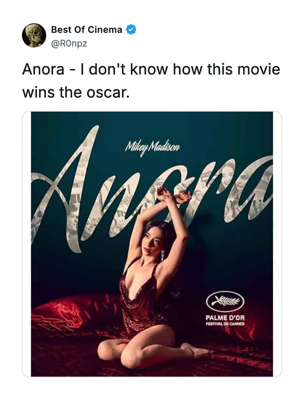 Anora movie poster with a woman sitting on a bed, holding a red flower, with "Anora" written in larg.