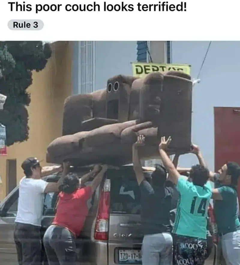 Funny couch costume with people lifting it, resembling a scared sofa.