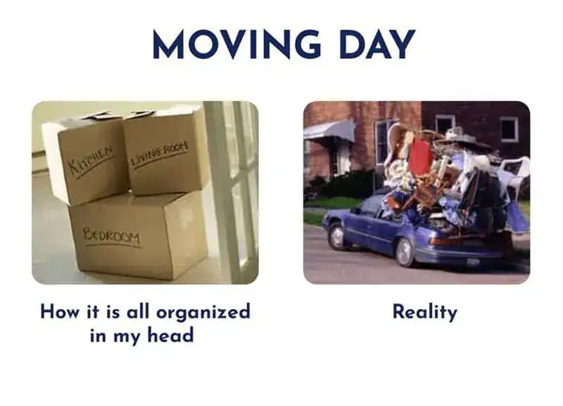 Moving day with packed boxes and a car overloaded with furniture and belongings.