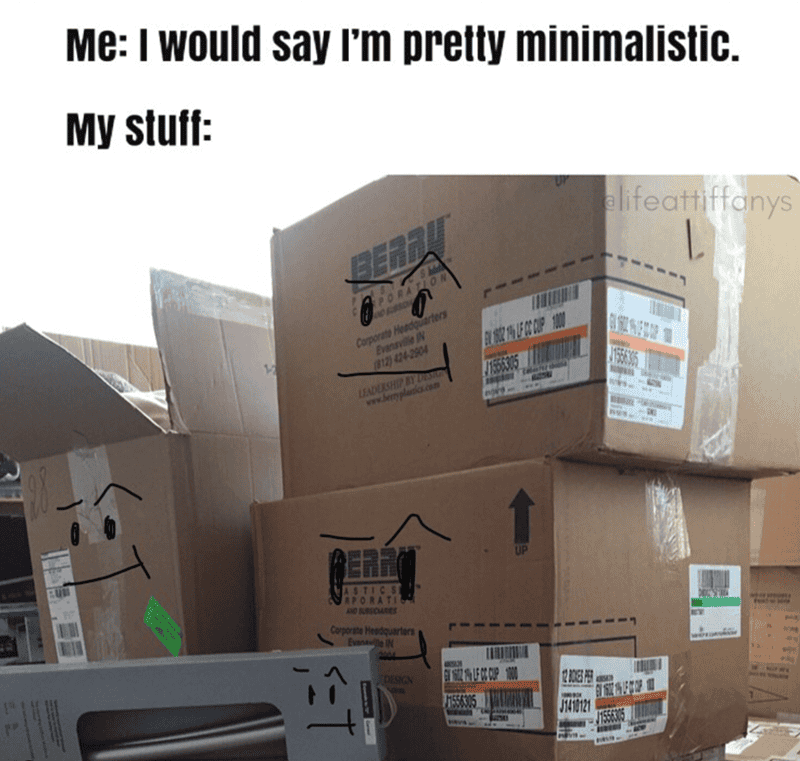Humorous image of stacked cardboard boxes with minimalistic face drawings and a caption about minima.