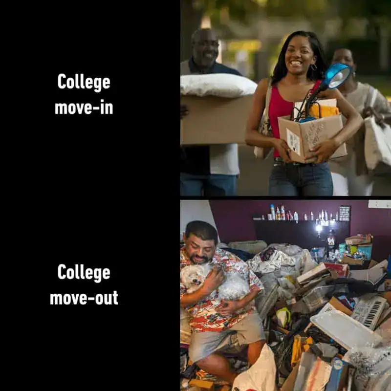 College move-in day, student smiling with boxes, and a cluttered room with belongings.