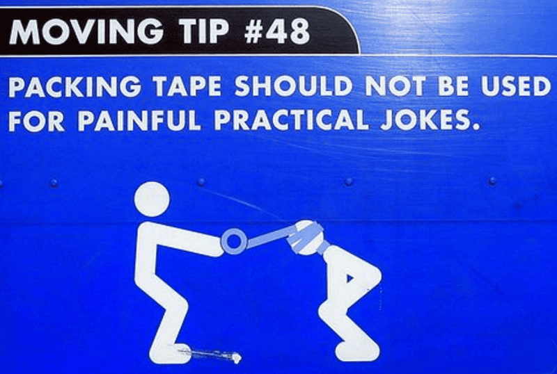 Illustration of a humorous practical joke involving packing tape and a person.