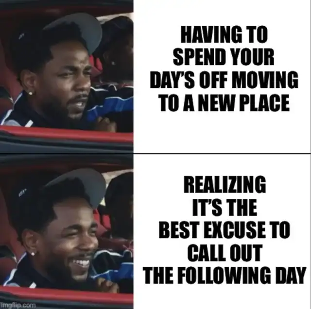 Funny meme about moving to a new place with a man showing different emotions.