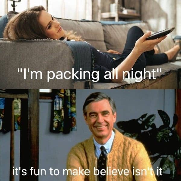 Relaxed woman lying on sofa using her phone, with a humorous meme overlay about packing and believin.