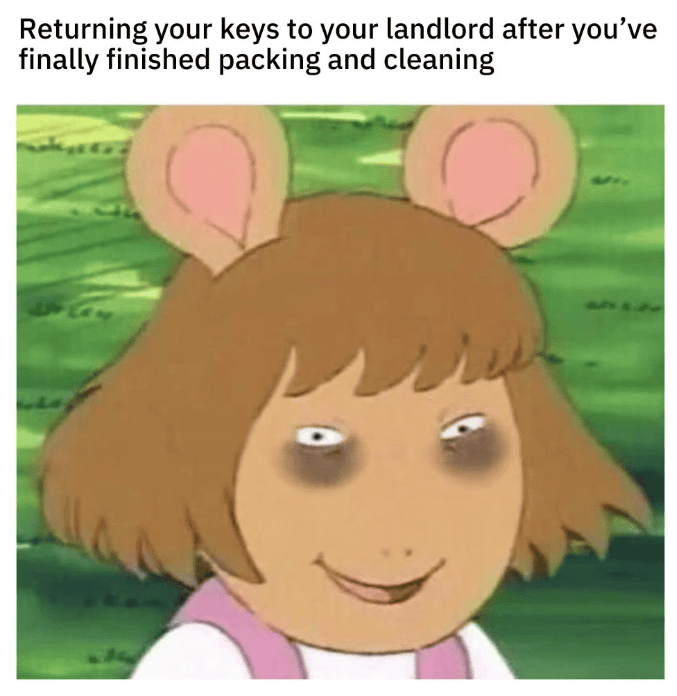 Humorous cartoon of a mouse girl with dark circles under eyes, returning keys to landlord after clea.