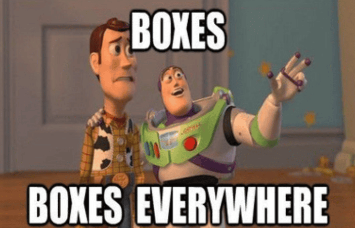 Humorous Toy Story meme showing Buzz Lightyear and Woody with boxes around them.