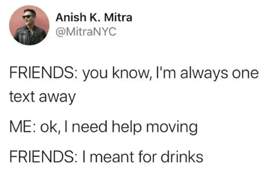Humorous meme from Pleated Jeans featuring friends and drinks.