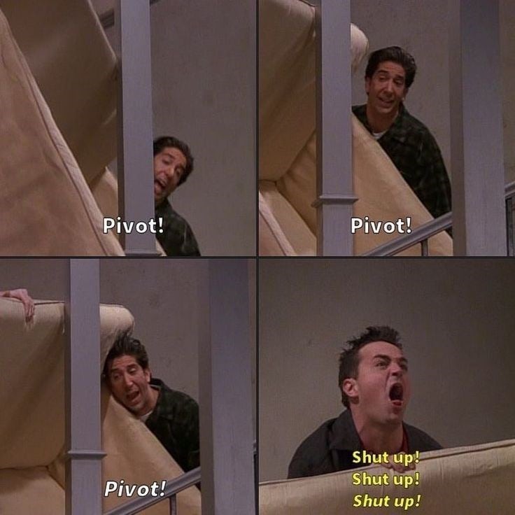 Iconic scene from Friends with Ross shouting "Pivot!" during furniture move.