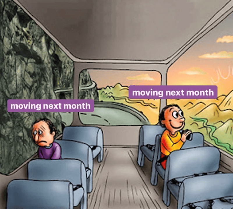 Cartoon of two kids on a bus with "moving next month" labels, illustrating anticipation and change.