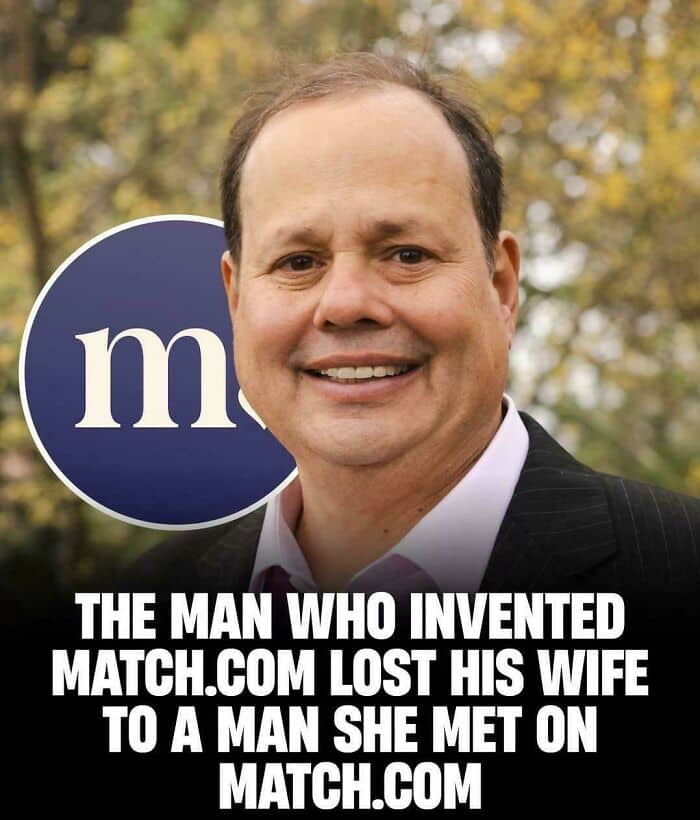 Smiling man in suit with Match.com logo, humorous story about online dating.