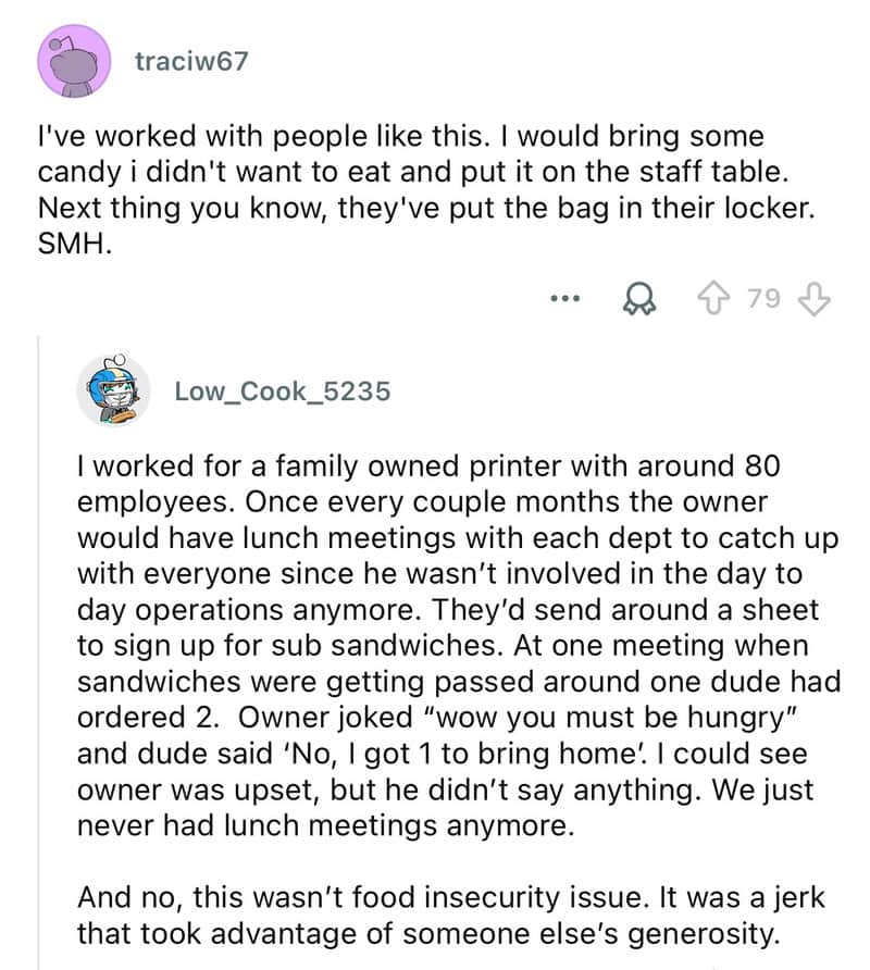 Employee sharing candy at work, placing bag in locker.
