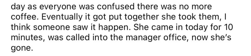 A woman leaving the manager's office after a coffee incident.