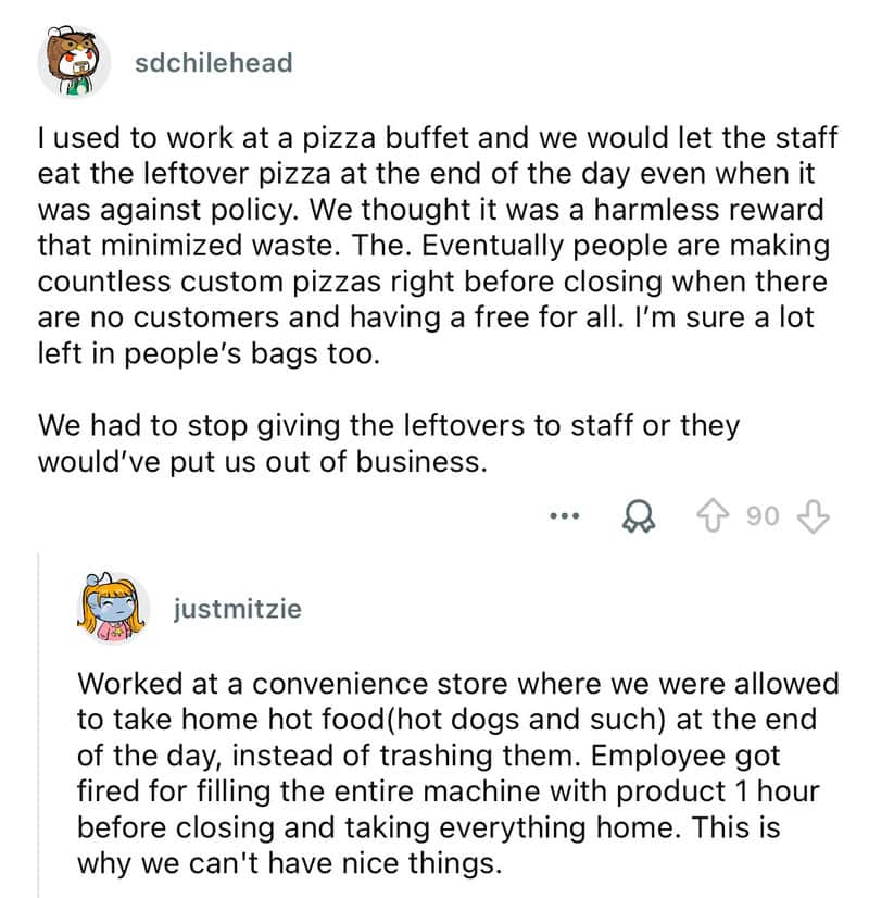 Staff eating leftover pizza at a pizza buffet after hours.