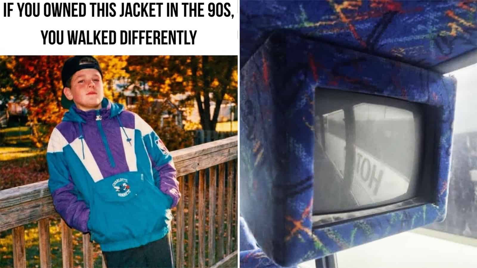 A young boy wearing a 90s style colorful jacket outdoors during autumn.