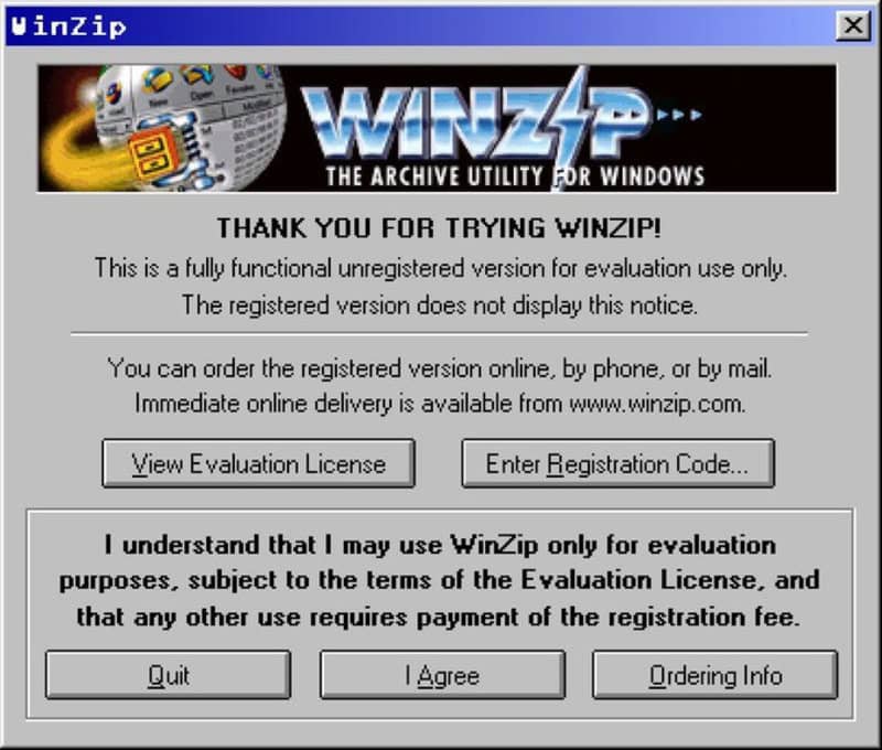 Funny cartoon of a computer window with WinZip message about evaluation version.