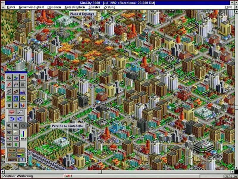 Cityscape simulation game screenshot with numerous buildings and parks.
