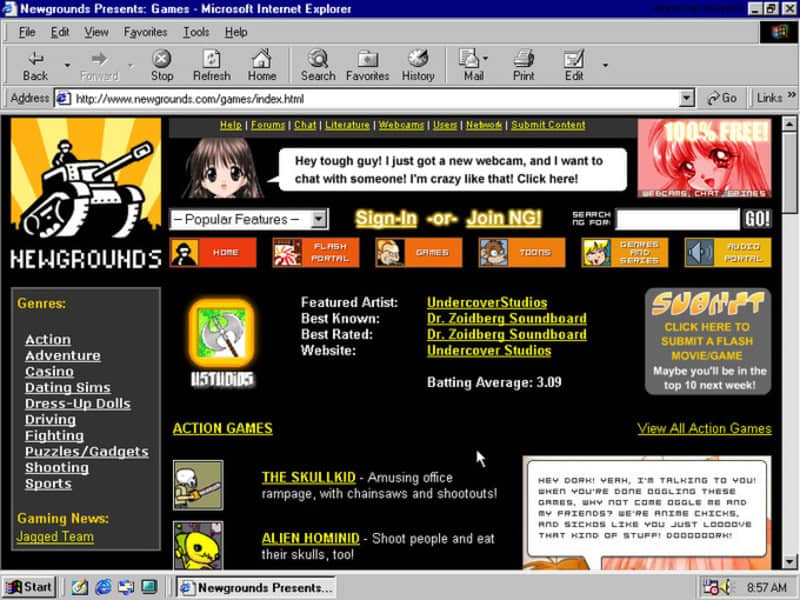 Screenshot of the Pleated Jeans website homepage featuring gaming and entertainment content.