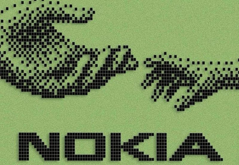 Pixel art depiction of the Nokia logo with hands reaching towards each other on a green background.