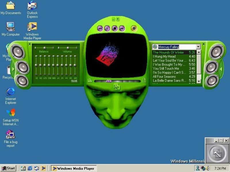 Surreal digital art featuring a green human head with a computer interface and colorful visual effec.