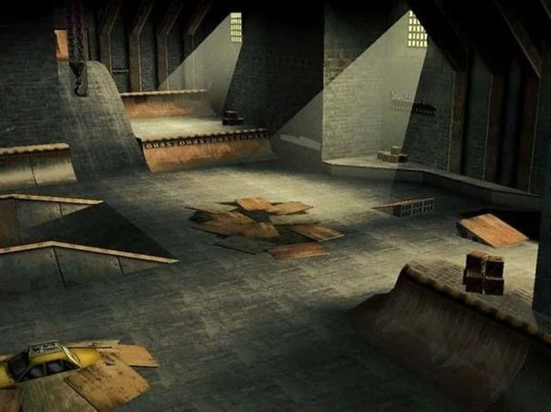 Skatepark featuring ramps, rails, and wooden obstacles for skateboarding and BMX riding, illuminated.