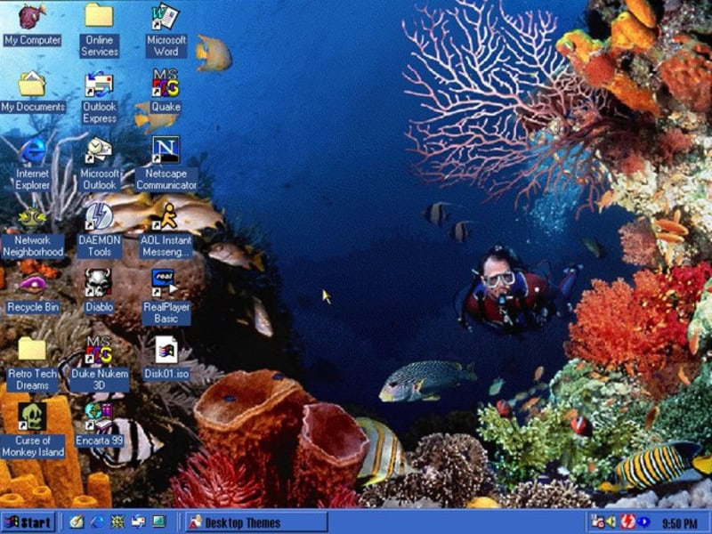 Colorful underwater scene featuring a scuba diver among coral reefs and tropical fish.