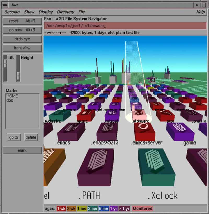 Retro computer screen displaying a 3D file system navigator interface.