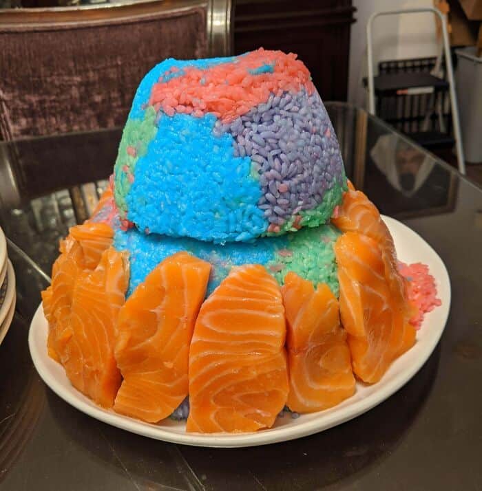 Brightly colored, unusual food presentation for "cursed food" theme.