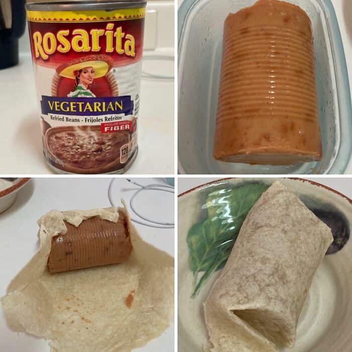 Unusual bean can and tortilla with strange appearance, bizarre food combination.