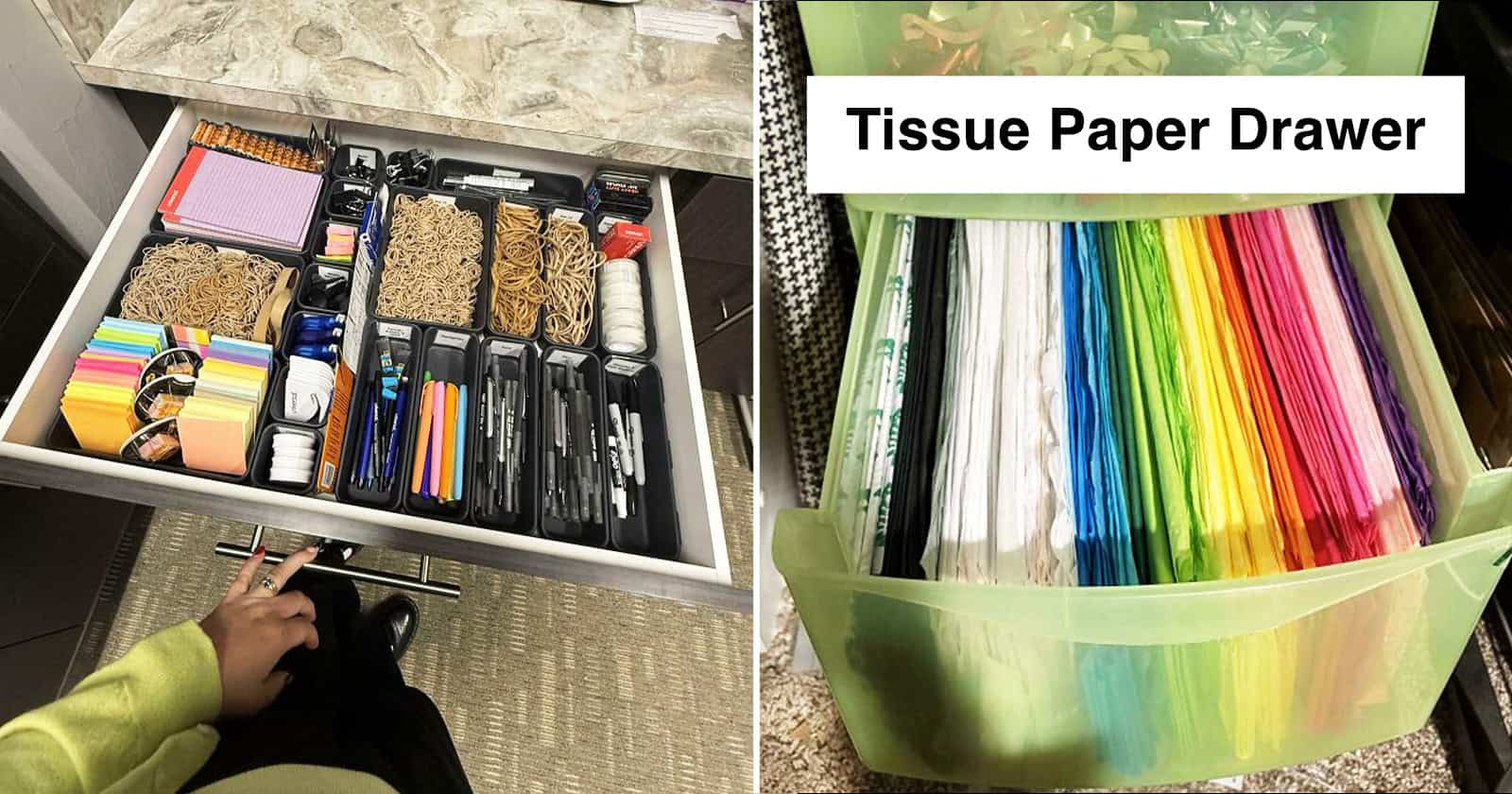 Neatly organized junk drawer with stationery, tools, and supplies.