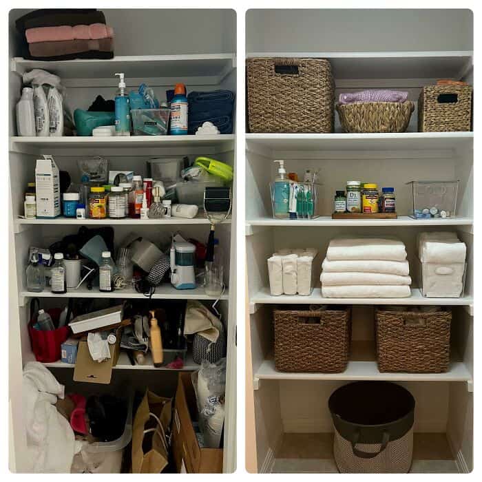 Neatly organized bathroom shelves with toiletries and towels.